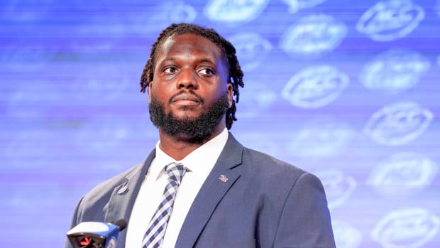 Pittsburgh offensive lineman Carter Warren at 2021 ACC Media Day
